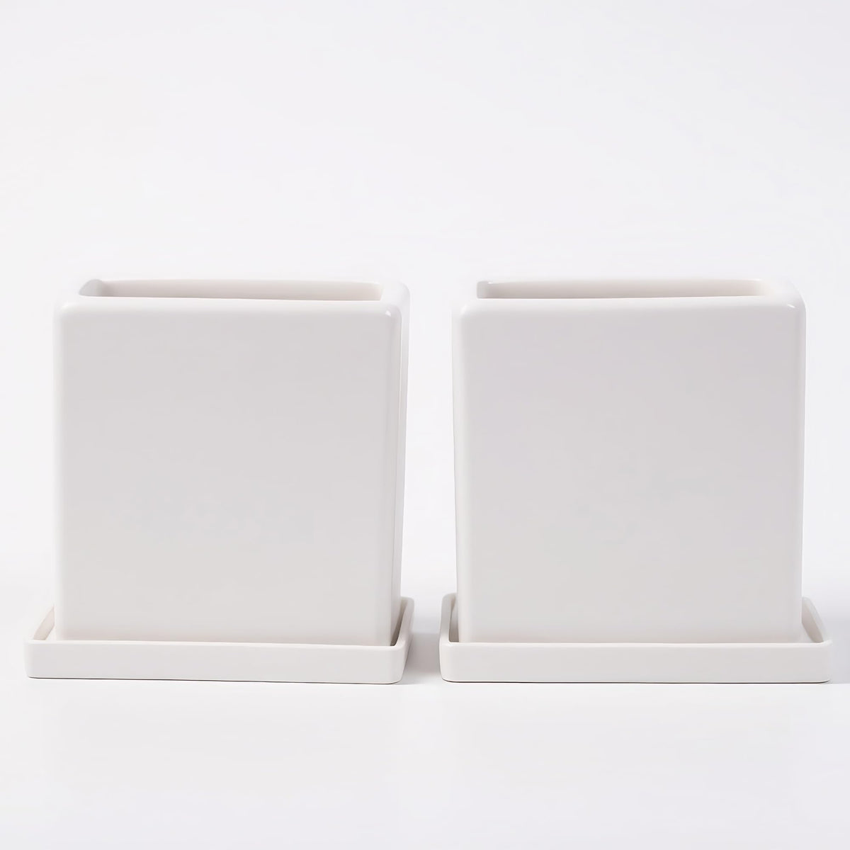 White Ceramic Plant Pots with Saucers, 6 Inch Square Planter Pots Set of 2, Modern Minimalist Medium Flower Pots for Indoor Plants, Snake Plants, Monstera, Home Decor