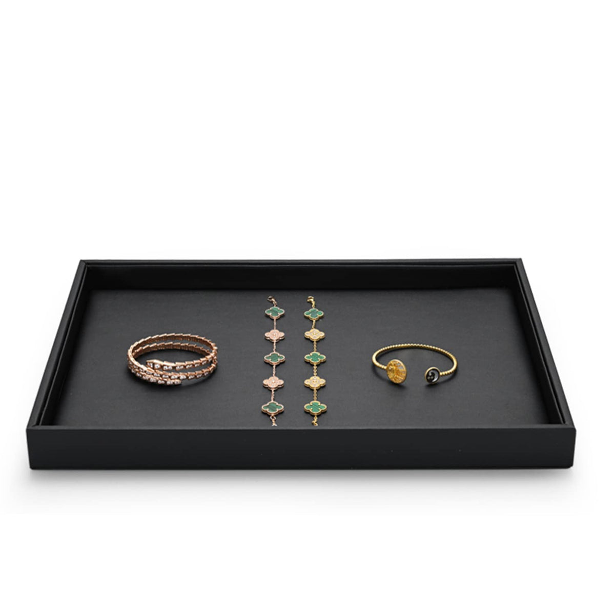 Woodten Black PU Leather Jewelry Display Flat Tray Ring Necklace Watch Organizer Display Tray (1 grid)