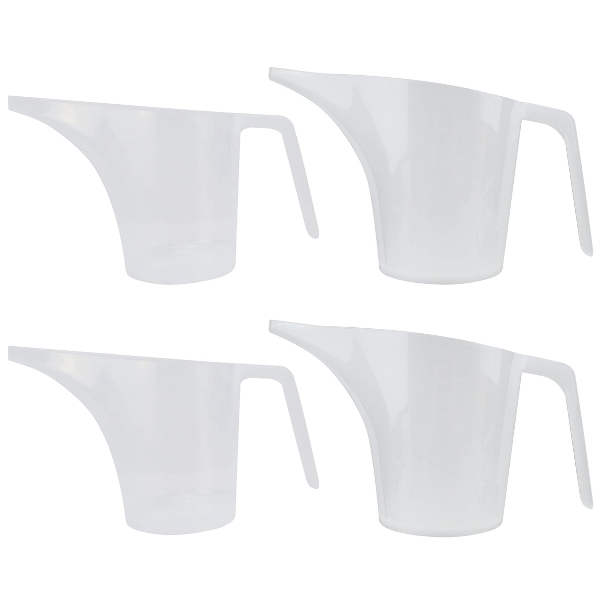 EIKS Plastic Funnel Pitcher Measuring Cup with Long Spout for Filling Muffin Pans, Baking Molds, Salt Shakers, Pancake Batter, Watering Plants (2-Pack 1000ml + 2-Pack 500ml)