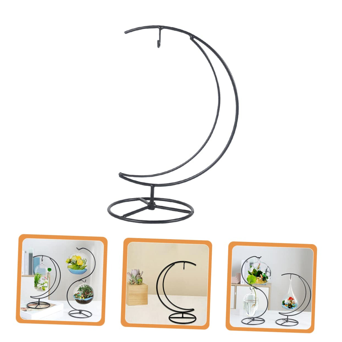 Zerodeko Moon Shaped Iron Ornament Display Stand with Hanging Glass Globe Holder Creative Plant and Terrarium Hanger for Balcony Home Office Decoration Suitable for Air Plants and Flower