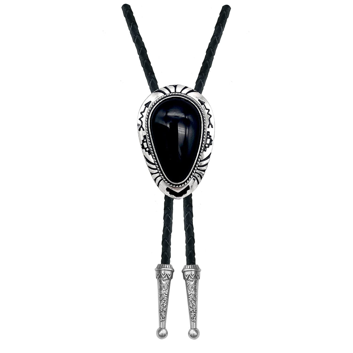 QUKE Black Stone Bolo Tie Native Western Cowboy Hand-woven Leather Bola Tie Necktie for Men Women