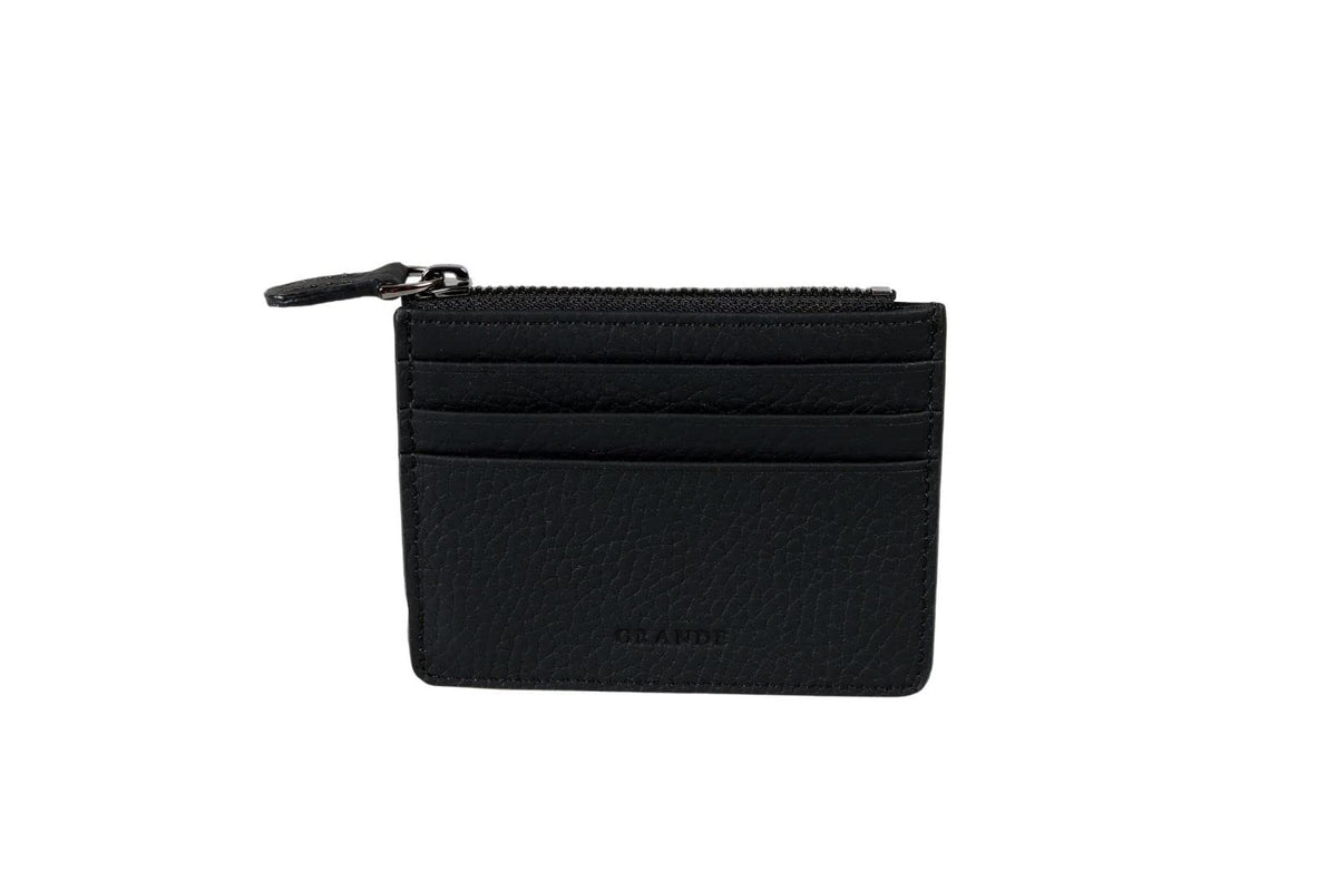 grande 3603 Genuine Leather Card Holder For Women and Men Slim Minimalist Small Zipper Wallet (BLACK)