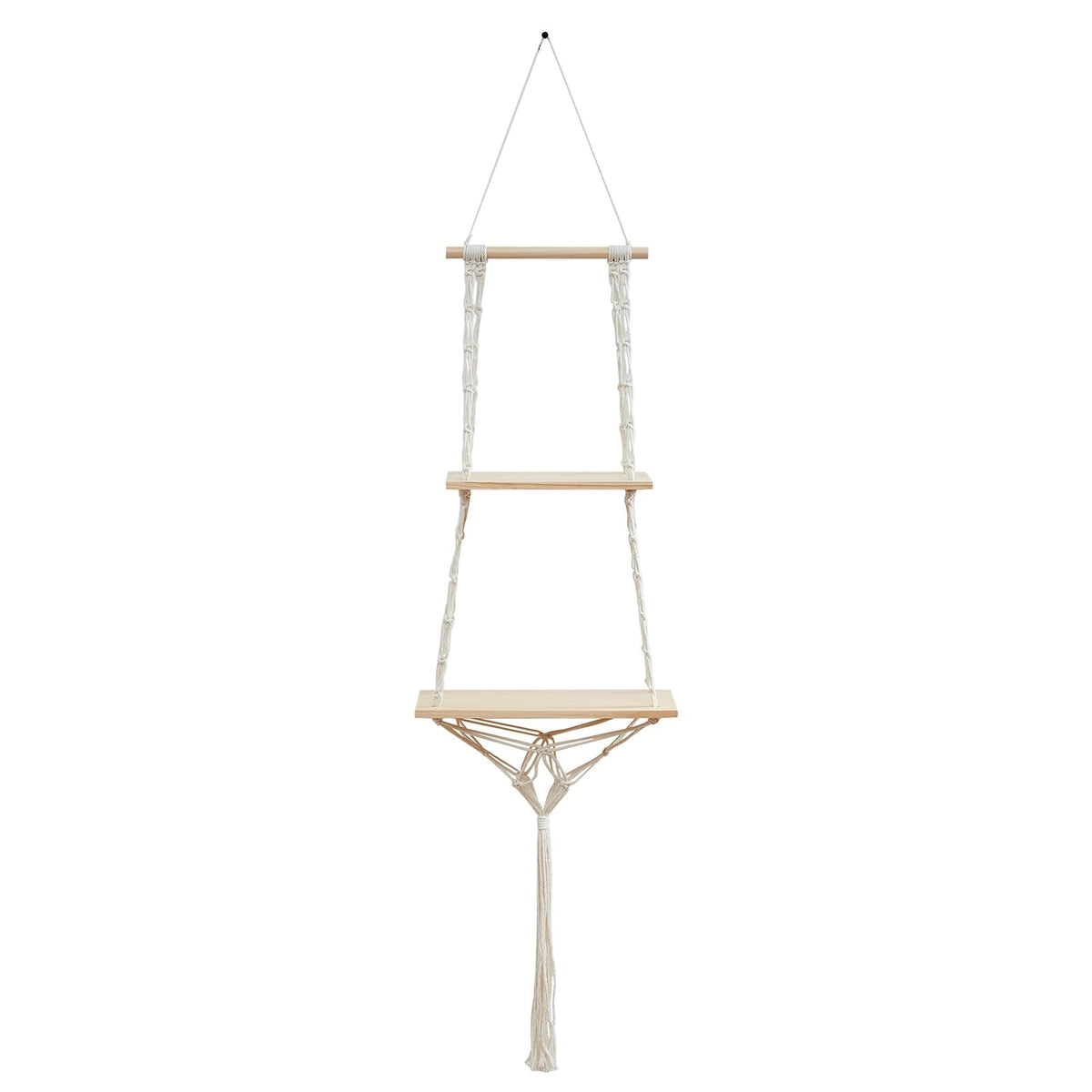 YYHTYZ 2 Tier Wooden Hanging Shelf, Boho Hand-Woven Cotton Wall Hanging Rack, Solid Wood Board, Featuring a Storage Net at the Bottom, Designed for Wall Mounting, Hanging Storage Shelves