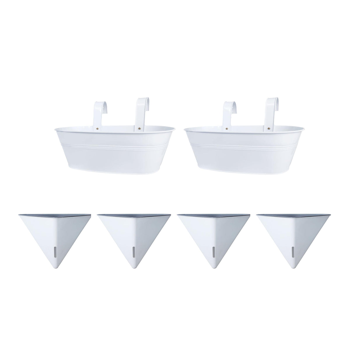 LaLaGreen Bundle- 2 Pack, 15 Inch White Metal Pot + 4 Pack, 12 Inch Geometric Self Watering Pot Modern Flower Vase Vessel Home Vertical Wall Mount Garden Window Rail Box Herb Plant Bucket Garden Decor