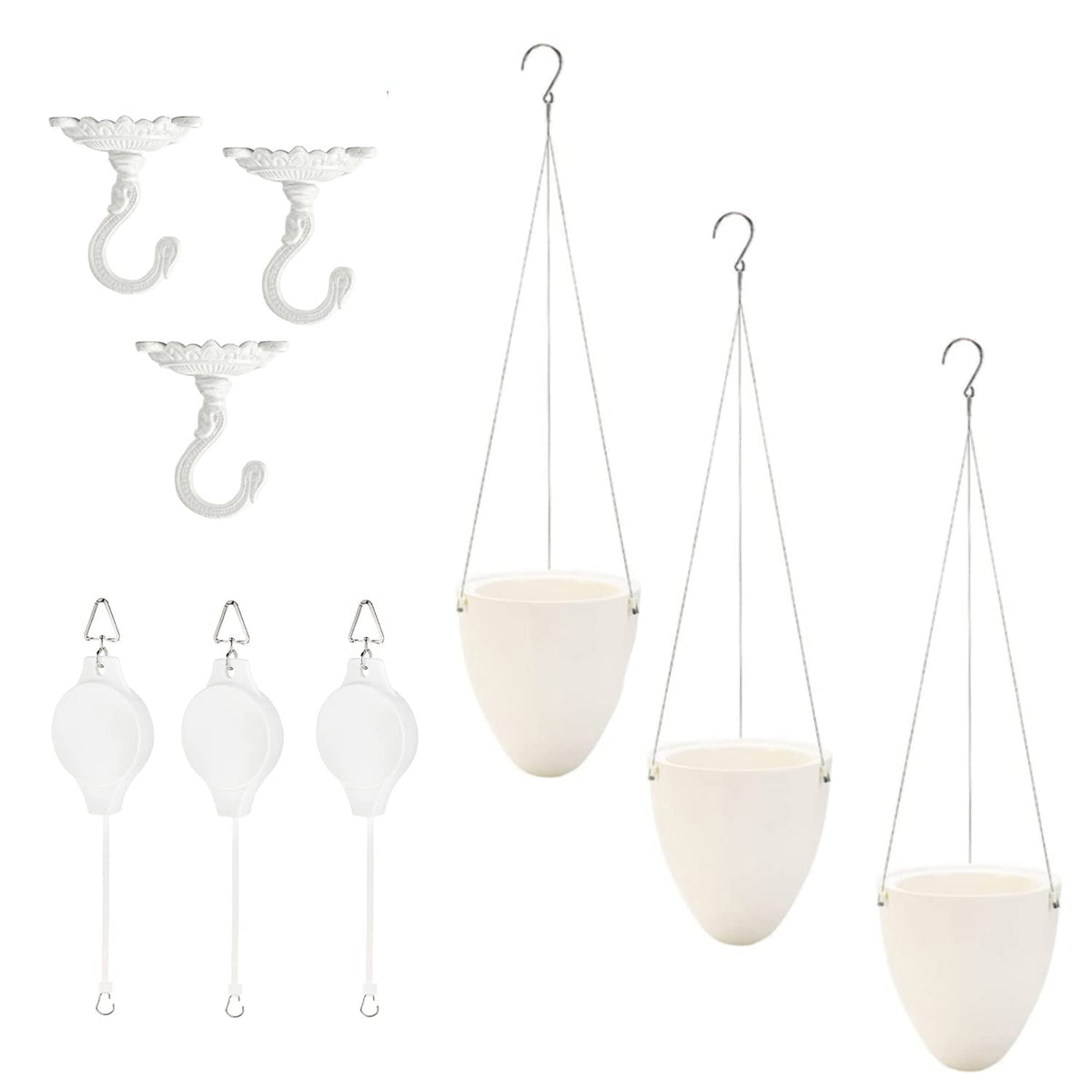 Sungmor Heavy Duty Ceiling Hooks for Hanging Planters, 3pcs Set Indoor Outdoor Plant Pulleys Adjustable Plant Hangers, Plant Hooks for Hanging Basket Flower Pot Bird Feeder