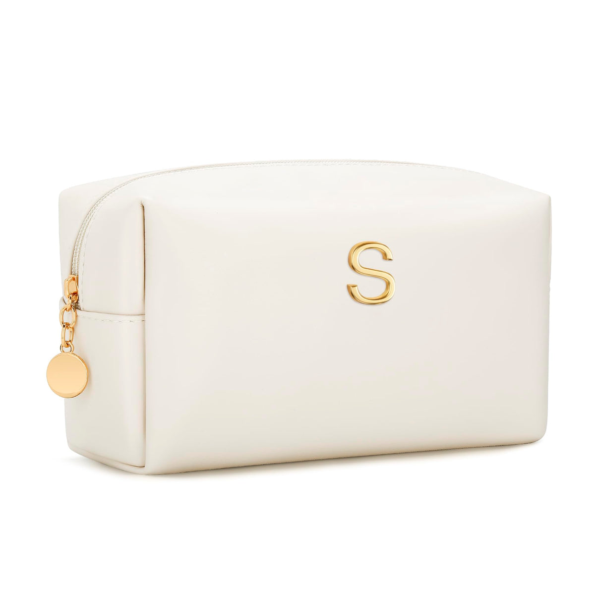 CLOUDWINGS Gifts for Women Bridesmaid Gifts Personalized Initial Makeup Bag PU Leather Cosmetic Waterproof Travel Toiletry Bag (Beige S)
