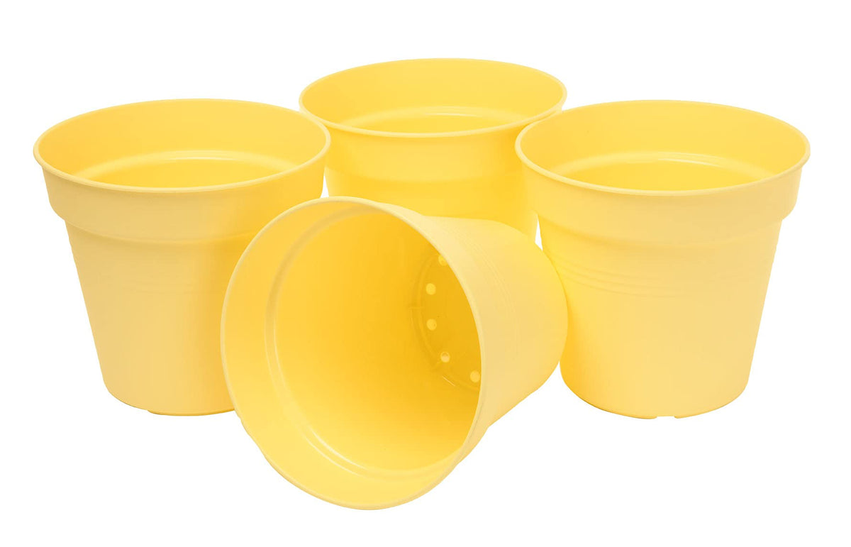 Mintra Garden Pots, 4 Pack Bulk Plastic Plant Pots with Drainage Tray, Round Indoor & Outdoor Decorative Planters with Drain Holes for Flowers, Herbs & Plants, 19cm Diameter – Yellow, 7.5 in