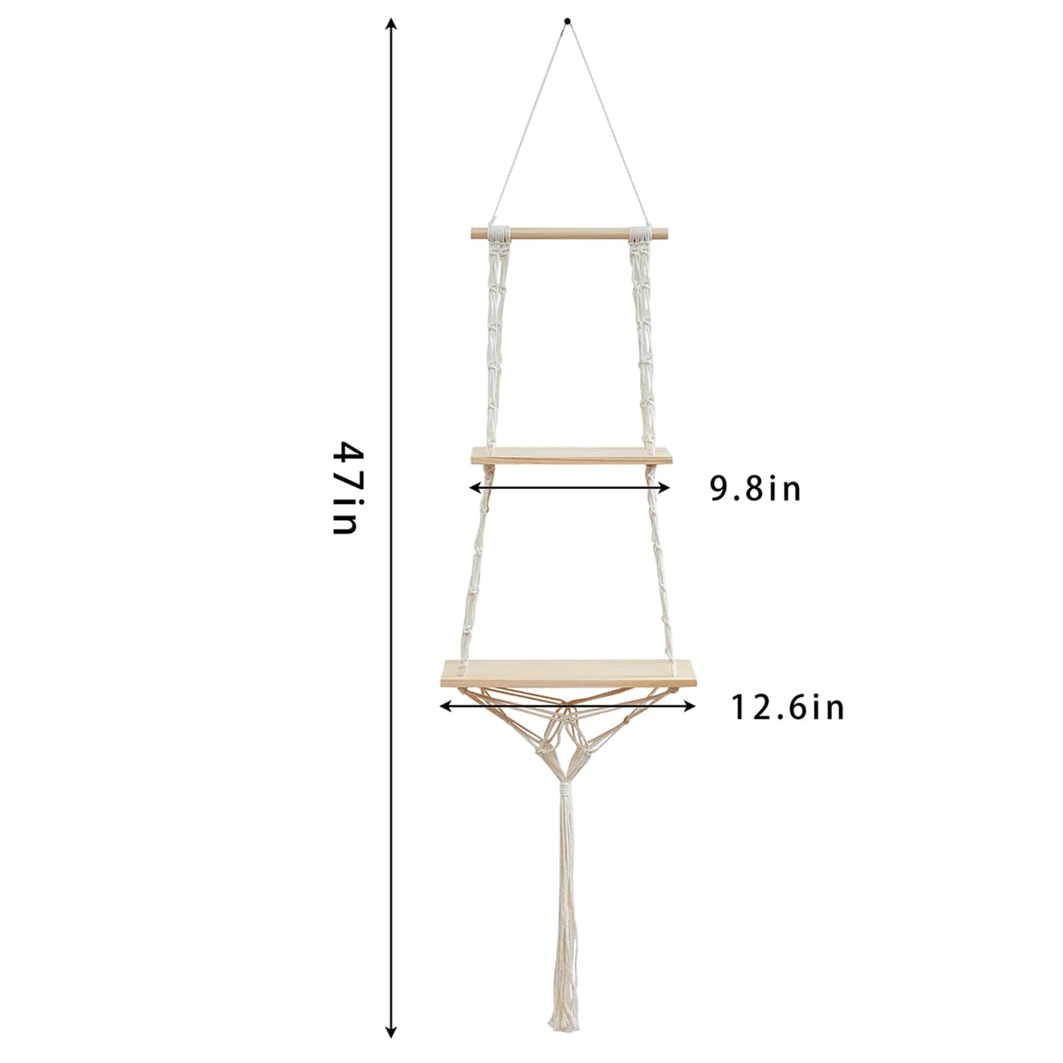 YYHTYZ 2 Tier Wooden Hanging Shelf, Boho Hand-Woven Cotton Wall Hanging Rack, Solid Wood Board, Featuring a Storage Net at the Bottom, Designed for Wall Mounting, Hanging Storage Shelves
