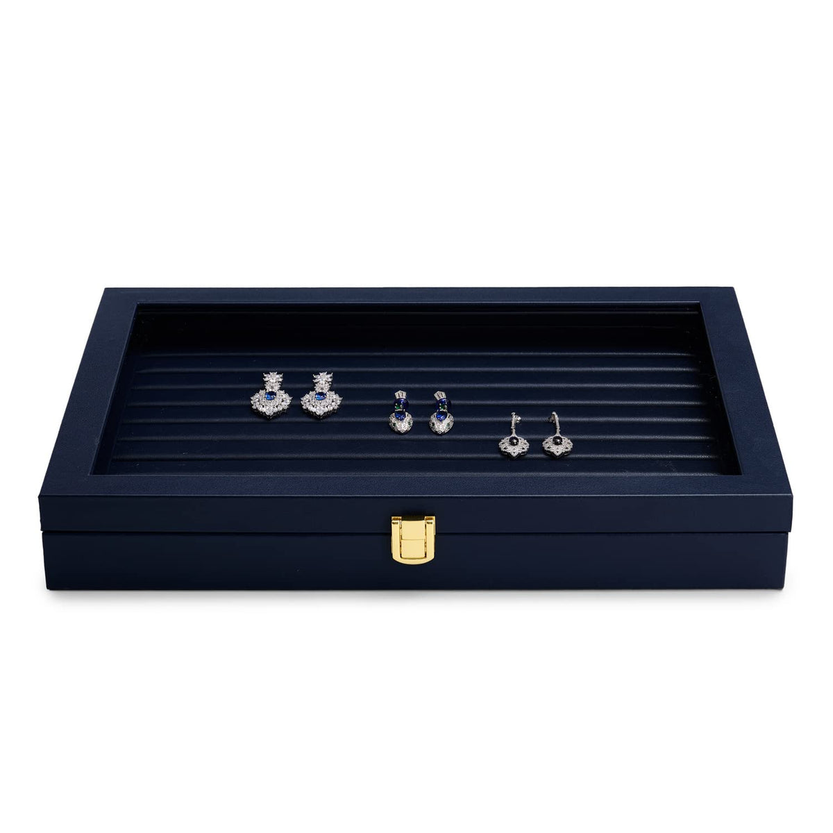 Oirlv Premium Blue Leather Rings Earrings Organizer Tray with Clear Lid Jewelry Display Box with Acrylic Lid Stackable Jewelry Box Drawer Inserts