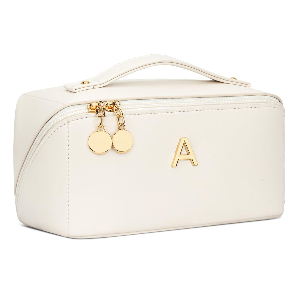 CLOUDWINGS Initial Makeup Bag Gifts for Women Bridesmaid Gifts Travel Toiletry Personalized PU Leather Waterproof Cosmetic Bag (Medium-Beige-A)
