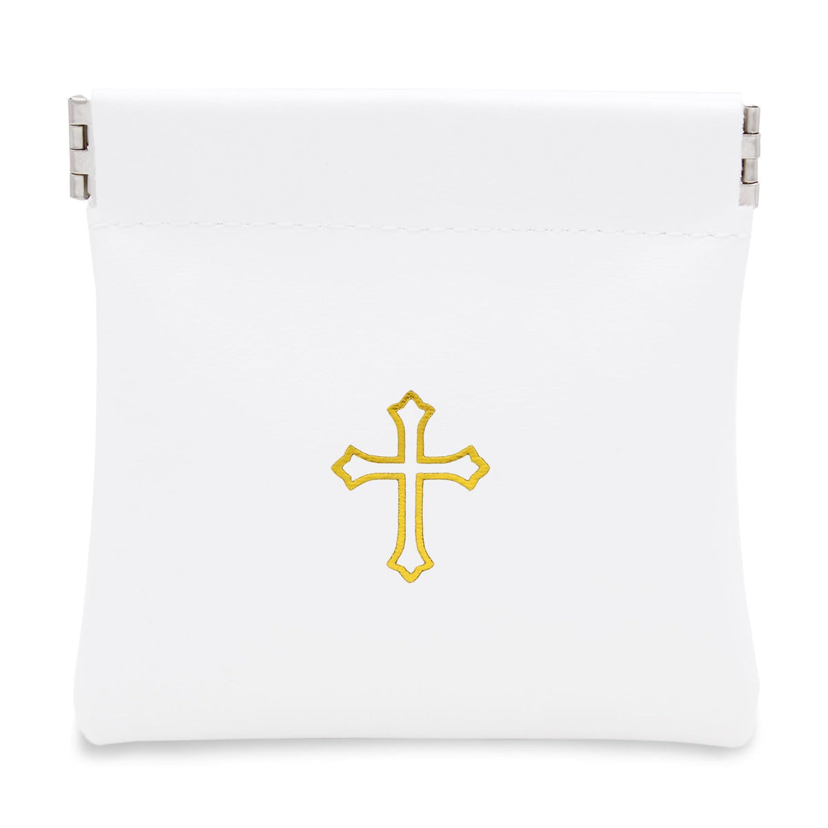 Squeeze-Top Faux Leather Rosary Pouch - Compact White Case for Rosary Beads with Cross Imprint - Keeps Prayer Beads Protected for Travel - Fits Easily in Purse, Pocket, Car, Retreats & Church Use