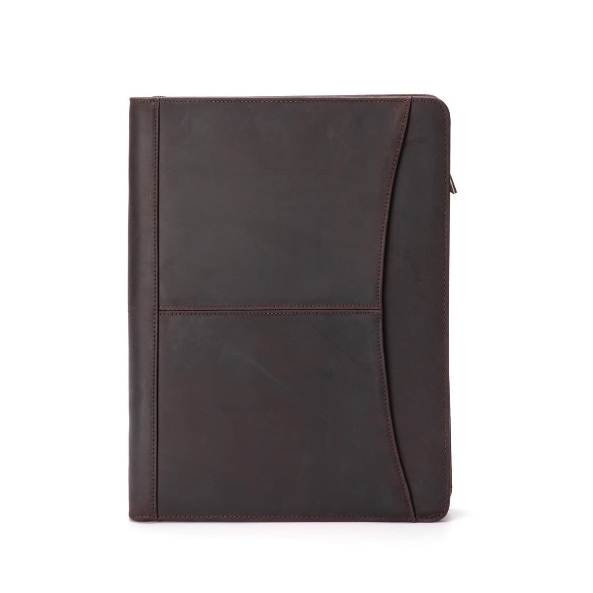 Geslun Genuine Leather Portfolio with Front Pocket for Men and Women, Zippered Padfolio Binder 8.5 x 11 Legal Pad Notebook Holder, Fits 13” Laptop, Professional Work File Case, Dark Brown