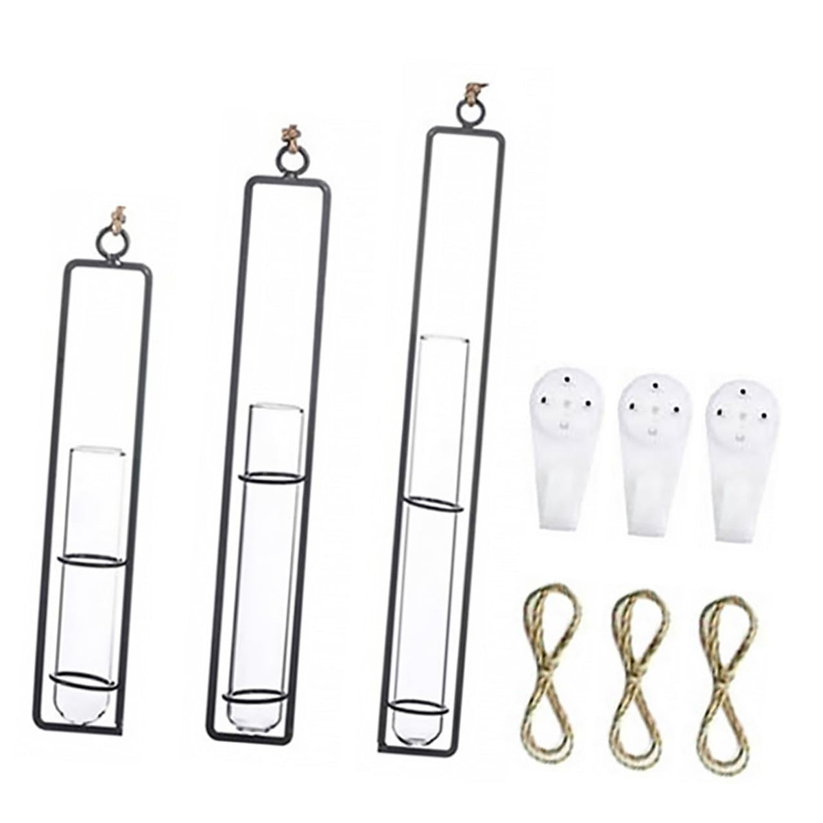 BESTonZON Wall Hanging Hydroponic Glass Test Tube Flower Vase Set with Iron Frame Plant Propagation Tubes for Home Garden Decoration Includes 3 Hemp Ropes and 3 Adhesive Hooks
