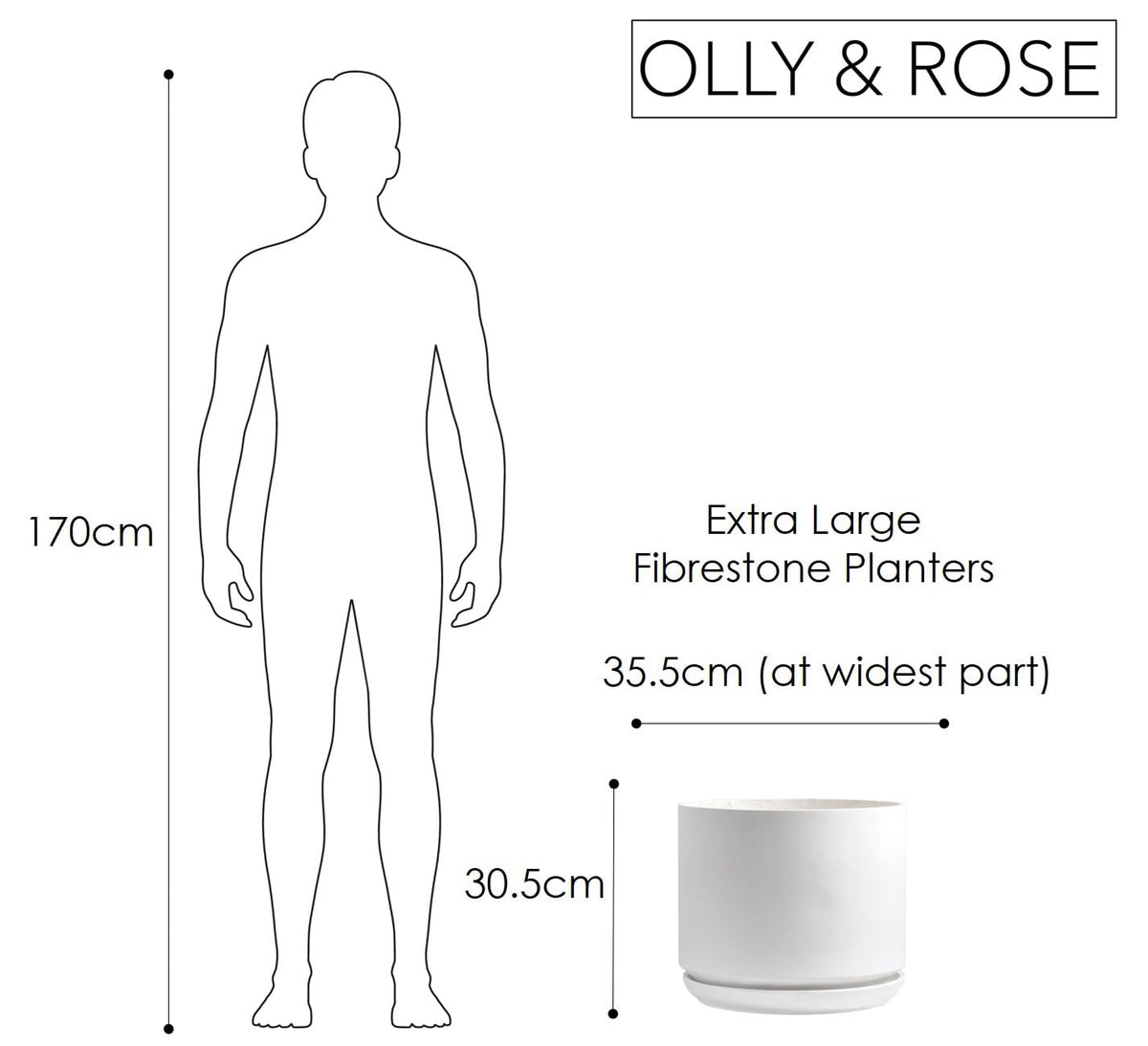 Olly & Rose Large Matt White Flower Pot Tall Planter 35.5cm Extra Large Fibre Planter with Saucer - Large Indoor and Outdoor Plant Pot