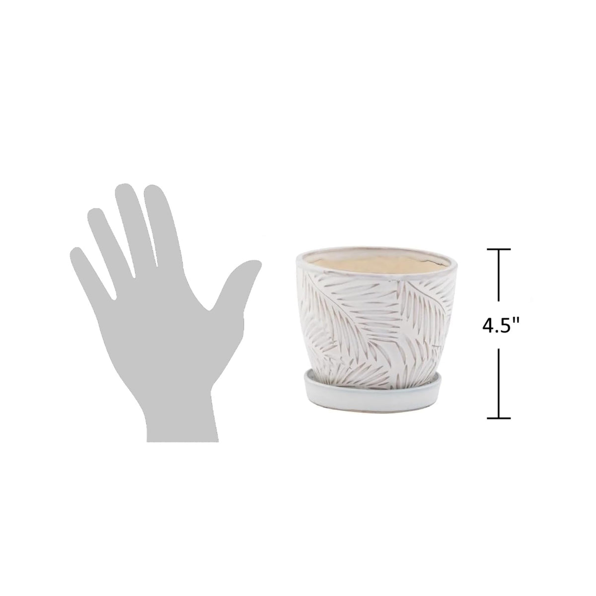 The Bridge Collection - 4.5" White Plant Pot with Drainage Hole and Saucer – Textured Palm Leaf Design - for Indoor or Outdoor Use - Home and Garden Decor