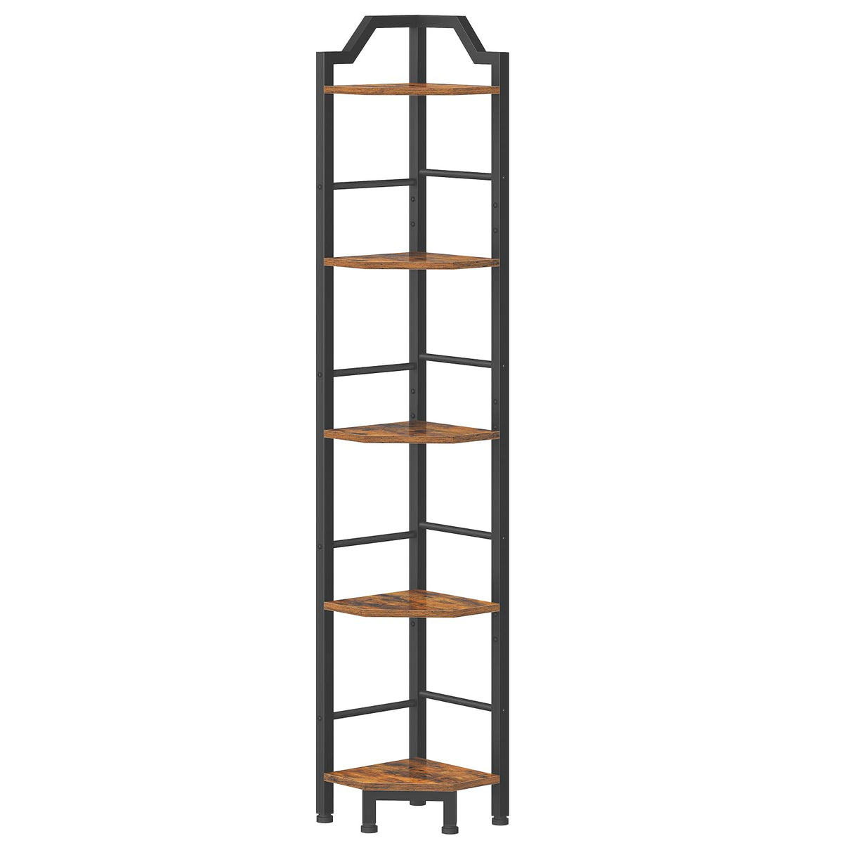HOOBRO Narrow Corner Shelf Stand, 5-Tier Corner Shelf, 63” Tall Multipurpose Corner Bookshelf, Standing Display Shelf Plant Stand, for Living Room, Study, Kitchen, Rustic Brown and Black BF100CJ01