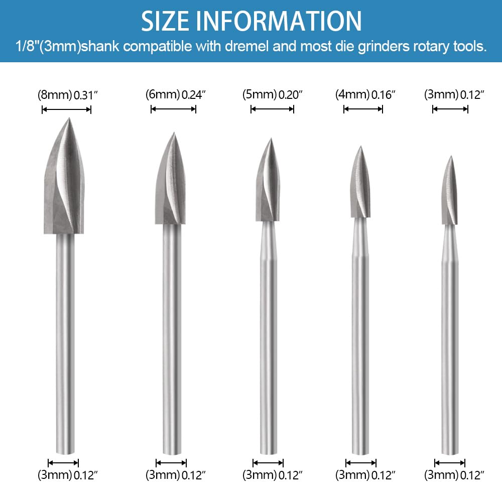 Wood Carving Tools for Rotary Tool, 5 PCS HSS Woodworking Tools Engraving Drill Bit Set Wood Crafts Grinding Tool Universal 1/8” Shank for DIY Carving Drilling Micro Sculpture