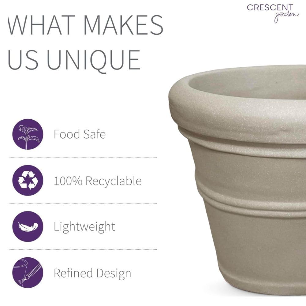 Crescent Garden Brunello Classic Rolled Rim Planter, Indoor/Outdoor Weather-Safe Round Plant Pot, Large Plastic Flowerpot for Flowers, Faux Plants, Trees - 27'' W (Parchment)
