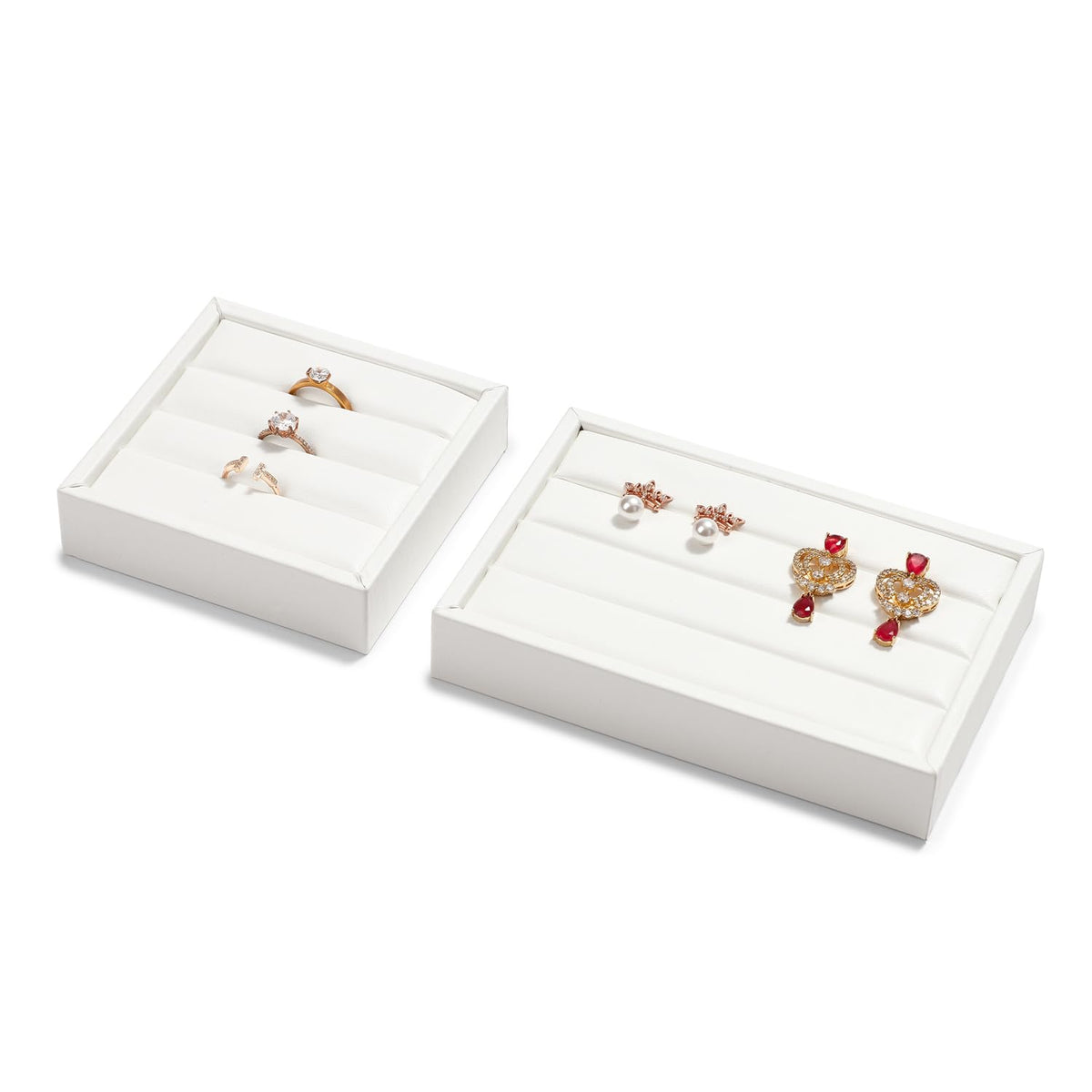Oirlv 3 Slots PU Leather Small Ring Organizer Earrings Trays Showcase Display Storage Insert Holder for Jewelry Box, Drawer, Dresser(White,M)