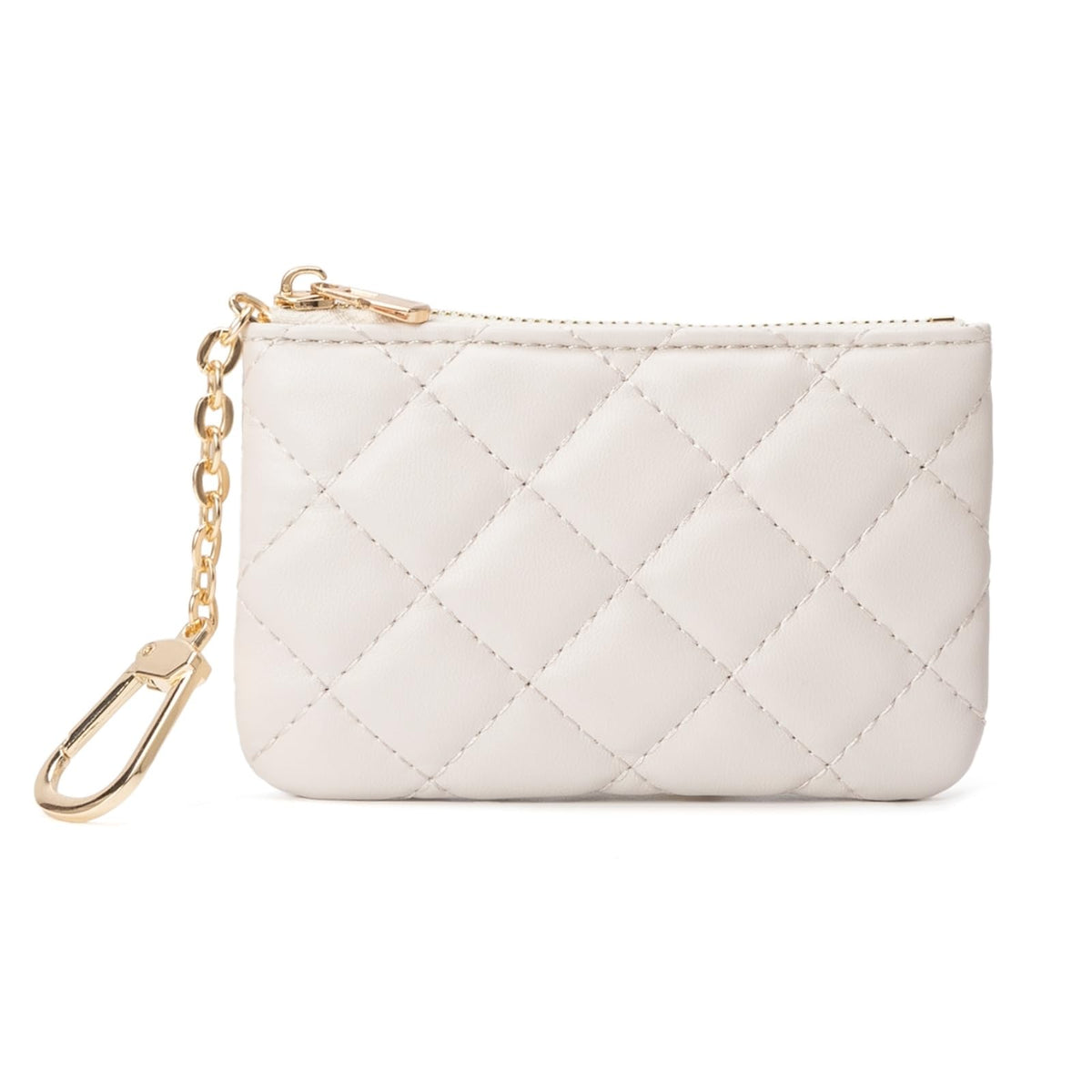 LARENNT Quilted Leather Coin Purse with Keychain - Small Coin Pouch Key Pouch Small Card Holder Keychain Wallet Change Purse for Women and Men (Creamy-white)