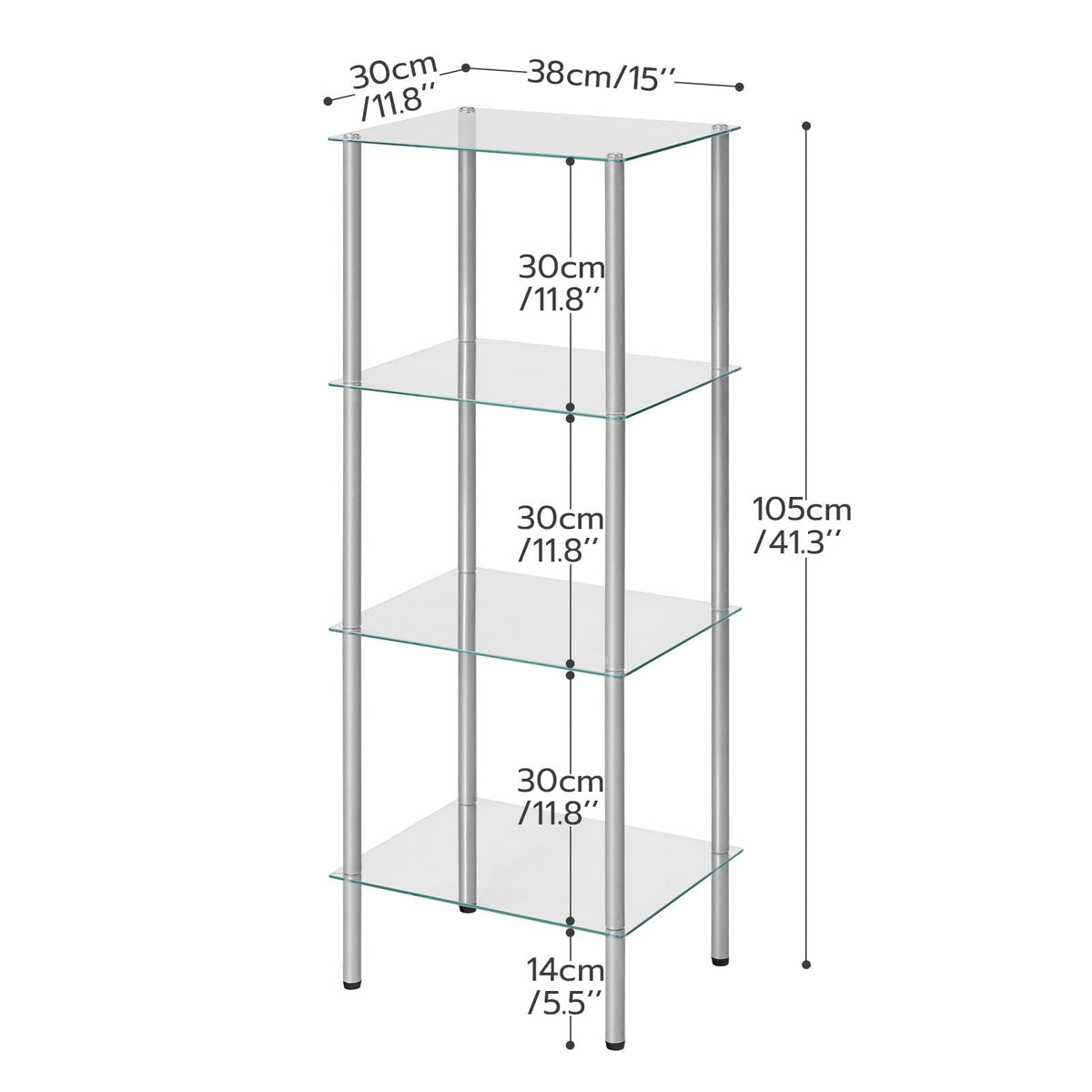 HOOBRO Glass Shelf, 4 Tier Bathroom Standing Shelf Unit, Tempered Glass Shelving Stand for Small Space, Perfume Stand Organizer, Space-Saving, for Bathroom, Bedroom, Steel Frame, Silver SV04CJ01