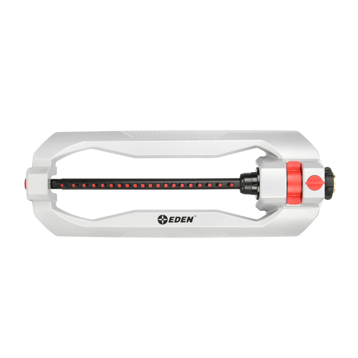 Eden 94111 Heavy Duty Metal Oscillating Sprinkler, Covers Up to 3,328 sq. ft., 20 Precision Nozzles, Flow Control, Adjustable Range, Quick Connect Bundle, Silver, Red, Black