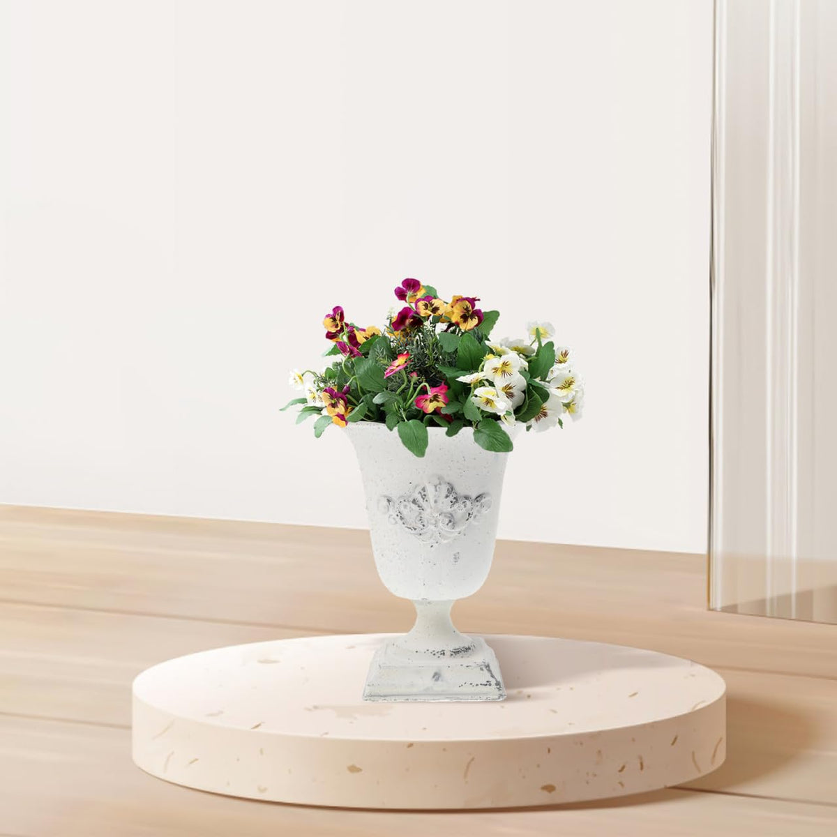 POPETPOP Urn Planters for Outdoor Plants : Iron Urn Flower Pot Decorative Flower Vase for Balcony Patio Garden Desktop, 7.47X5.89X5.89in (White)