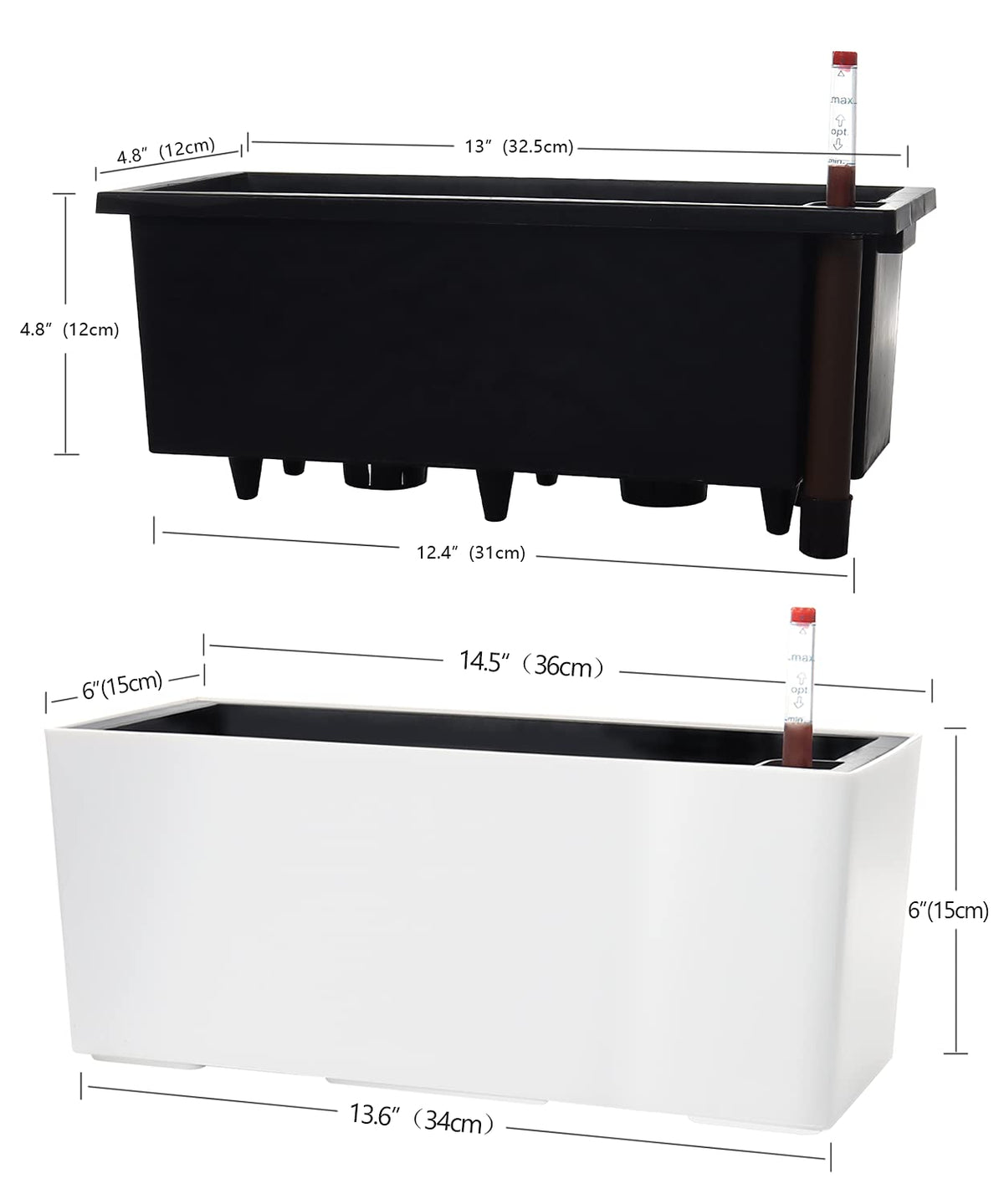 SAROSORA 14" Self Watering Planter Pots with Water Level Indicator, Rectangle Matte Plastic Window Box for Indoor Outdoor, Herbs Succulents Flowers House Plants (White)