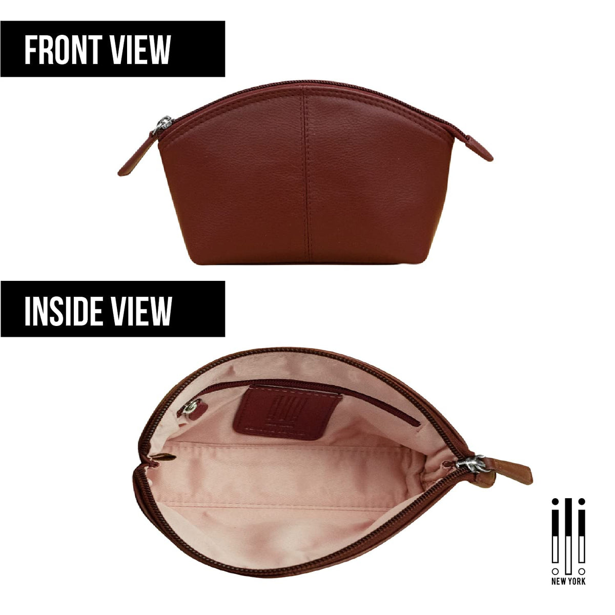 ili New York Genuine Leather Cosmetic Pouch – RFID Blocking, Leather Makeup Bag for Purse with Top Zip Closure & Interior Zip Pocket, Perfect as a Compact and Stylish Travel Cosmetic Bag
