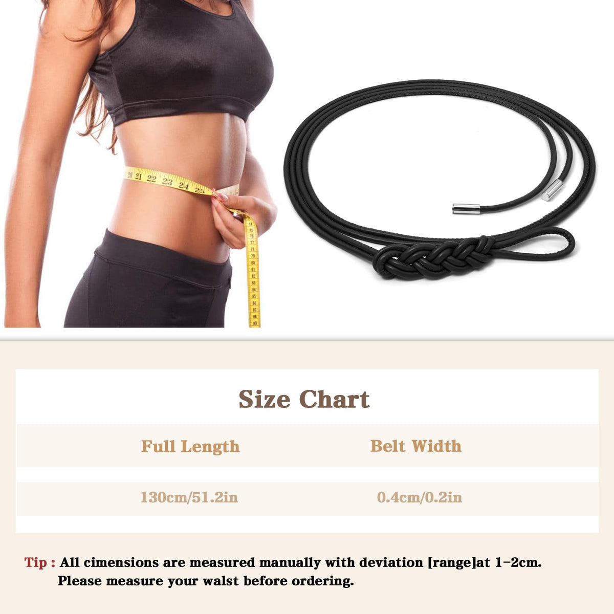 BAOKELAN Women Knot Thin Belts Skinny PU Leather Belts Boho Waist Belt for Dresses Black 130CM