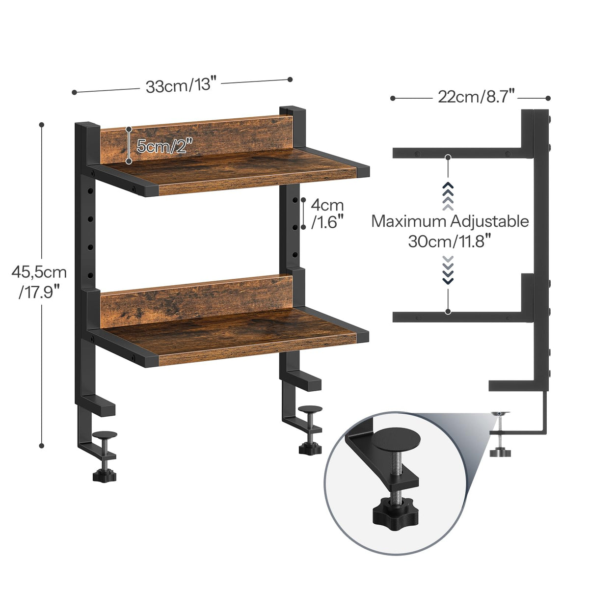 HOOBRO Clamp On Desk Shelf, 2-Tier Desktop Organizer, Space-Saving Desk Shelf with Adjustable Shelves, for Office, Study, Entertainment Accessories, Rustic Brown and Black BF32SJ01