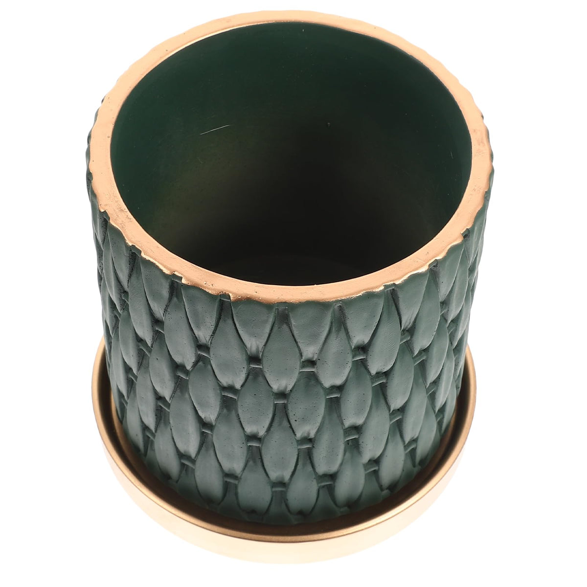 TIDTALEO European Style Cement Woven Pattern Plant Pot with Drainage Tray, Outdoor Indoor Nursery Flower Planter in Dark Emerald and Metallic Tray, Garden Planting Accessory for Patio