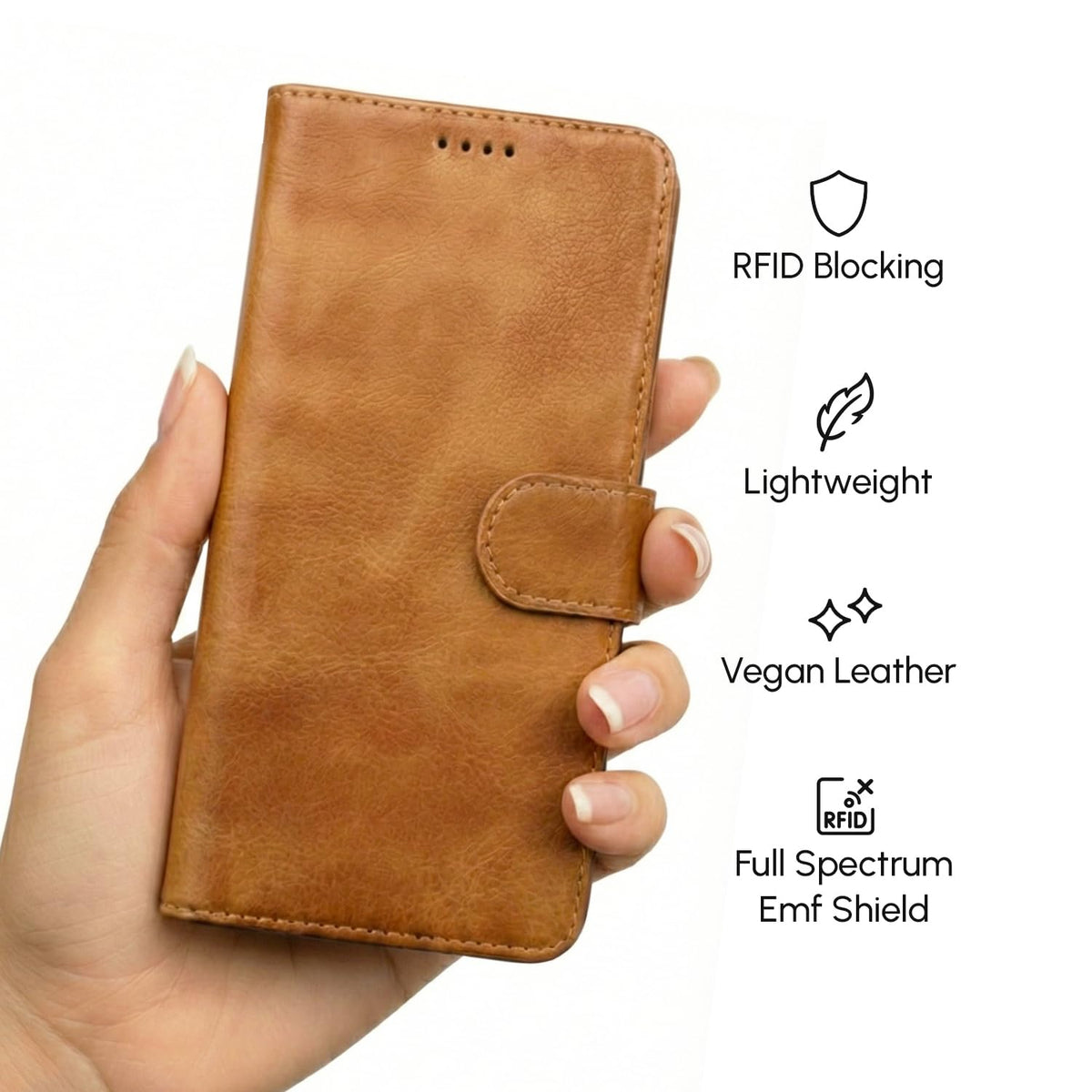 RadEnergy EMF Blocking Leather Phone Wallet Case for Samsung Galaxy A35 5G, FCC-Recognized & NVLAP-Accredited Lab Tested Up to 99% Radiation Reduction, RFID EMF Cell Phone Cover, Removable Case, Brown