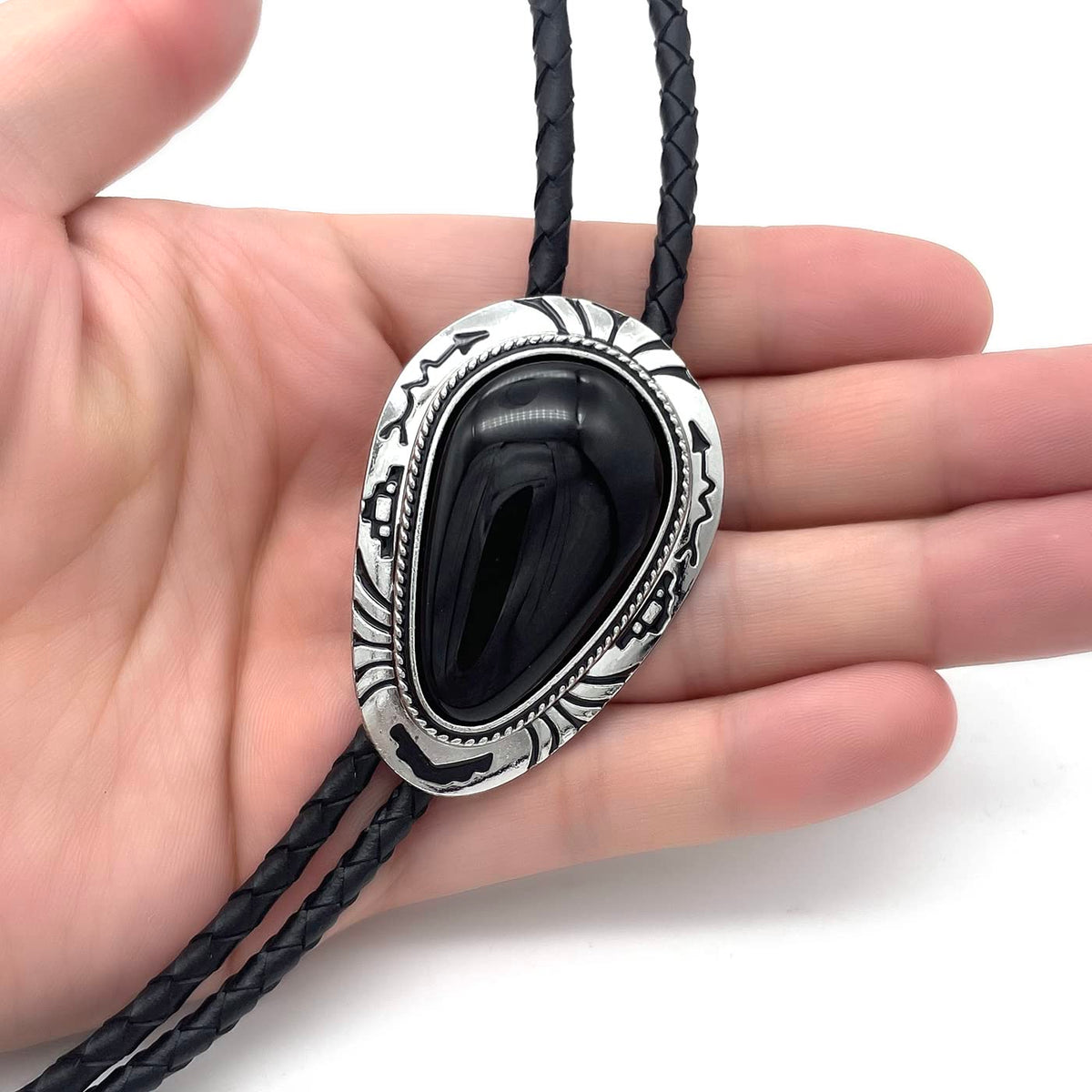 QUKE Black Stone Bolo Tie Native Western Cowboy Hand-woven Leather Bola Tie Necktie for Men Women