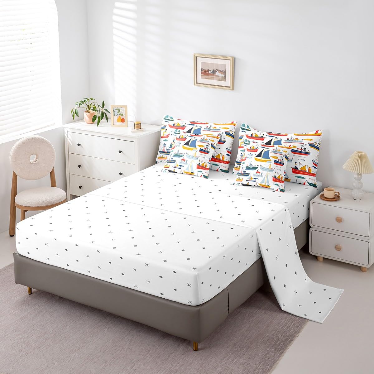 Erosebridal Nautical Comforter Set 7 Piece Bed in a Bag Twin,Retro Sailboat Steamship Bedding Sets Ocean Steamboat Steamer Sheet Set with Comforter