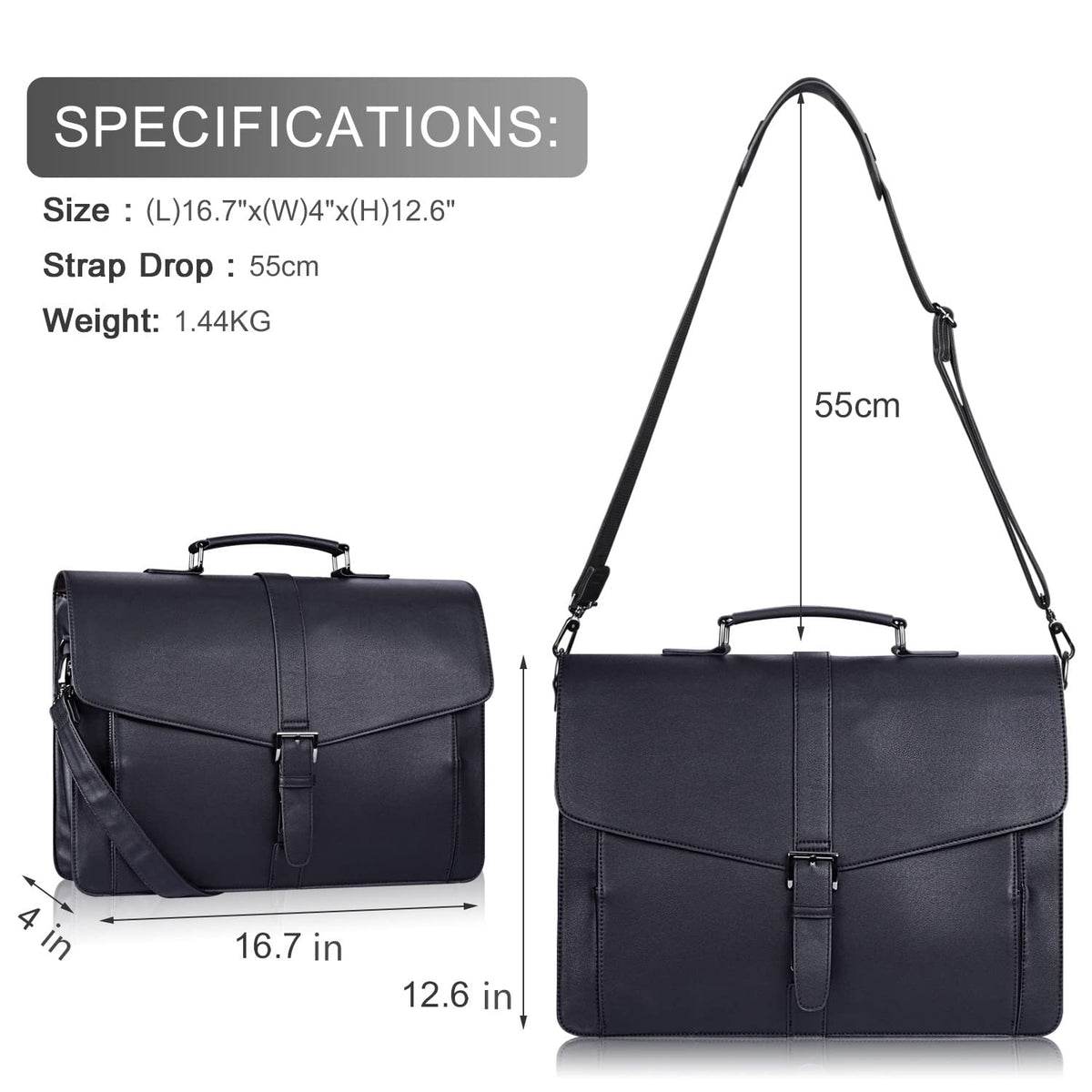 ESTARER Men's Leather Briefcase 15.6 Inch Laptop Computer Bag for Office/Business/Travel, Large Satchel Professional Pu Leather Messenger Shoulder Bag, Black