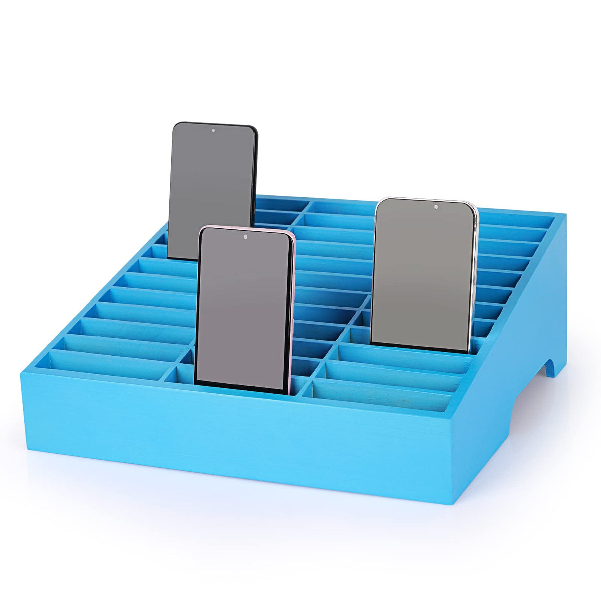 Ozzptuu 36-Grid Wooden Cell Phone Holder Desktop Organizer Storage Box for Classroom Office (Blue 36-Grid)