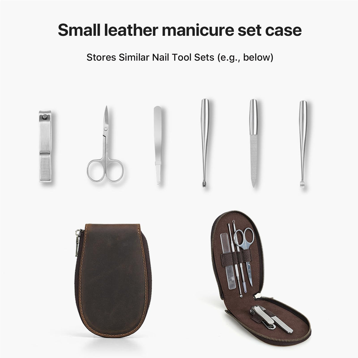 Hiram Handmade Leather Manicure Set Case 6 Slot Nail Tool Organizer Pouch with Elastic Bands & Loops Oil Nubuck Cowhide Travel Case for Grooming Kits Soft Leather Zip Closure
