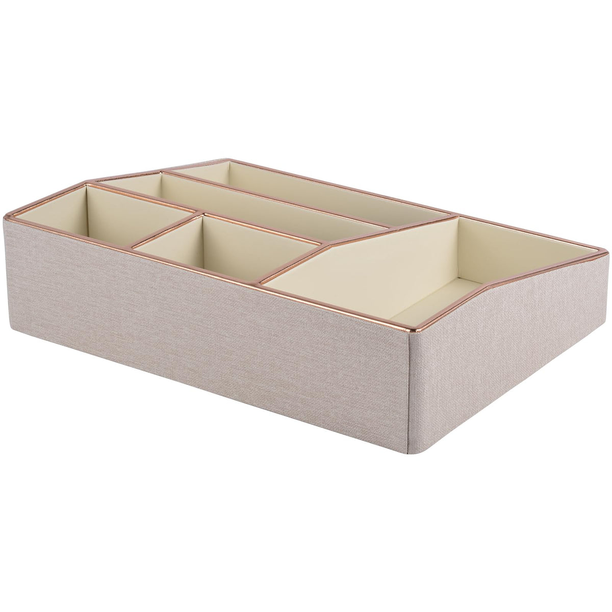 PU Leather Makeup Organizer Tray,Large Vanity Organizer,Cosmetic Storage Box for Lipstick Brushes Skincare Perfume,Cosmetic Display Case Rose Gold-trimmed for Dresser,Bathroom Countertop(Beige)