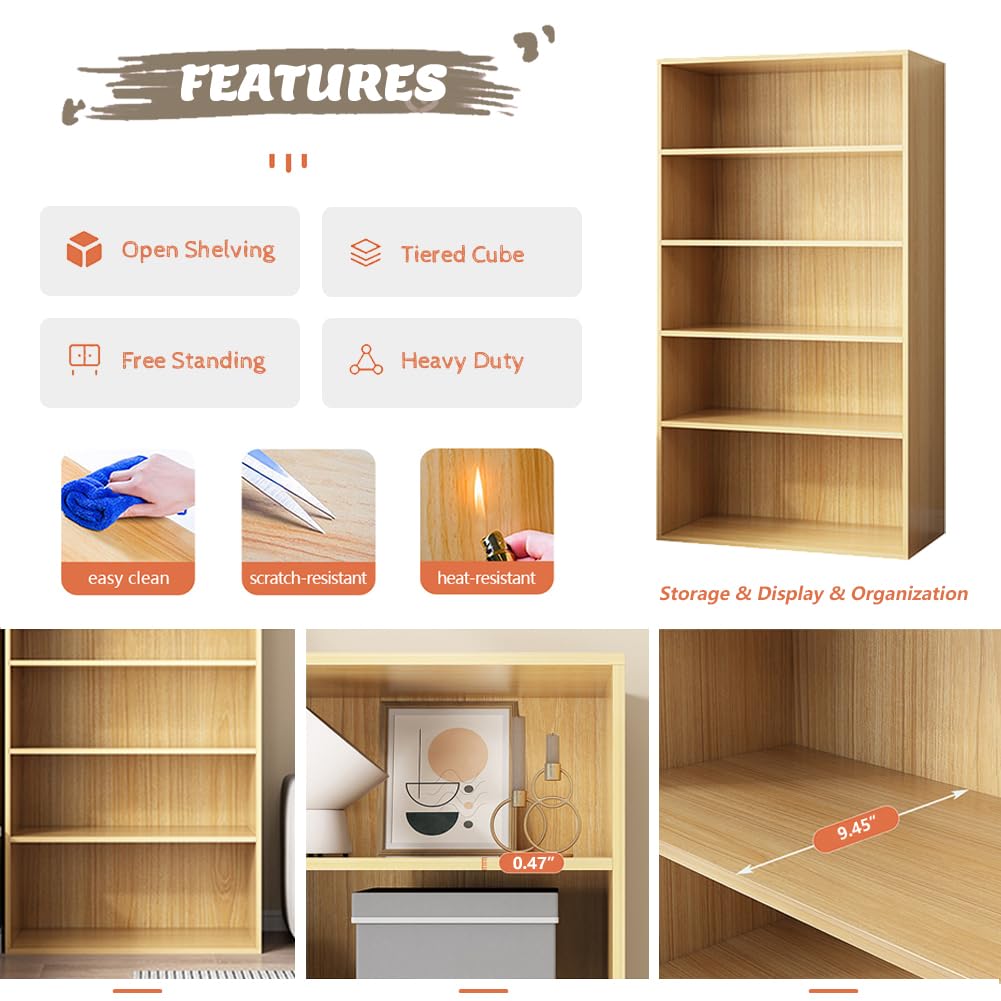 NELYE Basic Open Shelf Bookcase - 4-Tier Wooden Cube Storage Shelves Split Bookshelf, Oak