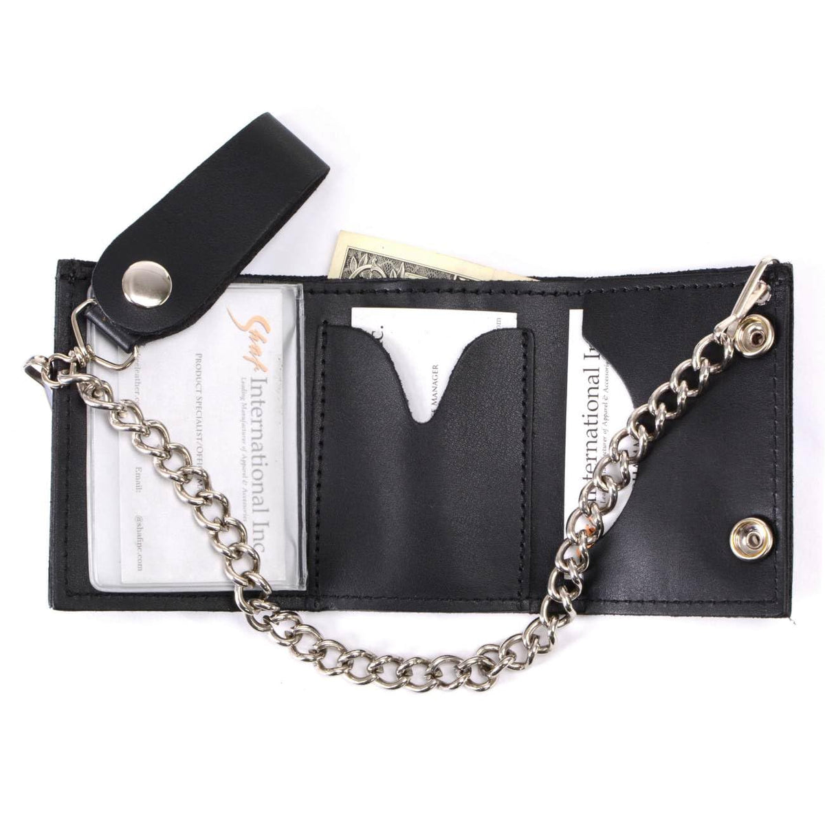 Milwaukee Leather MLW7831 Men's 4" Classic Black Plain Genuine Leather Tri-Fold Biker Wallet w/Anti-Theft Stainless Steel Chain - One Size