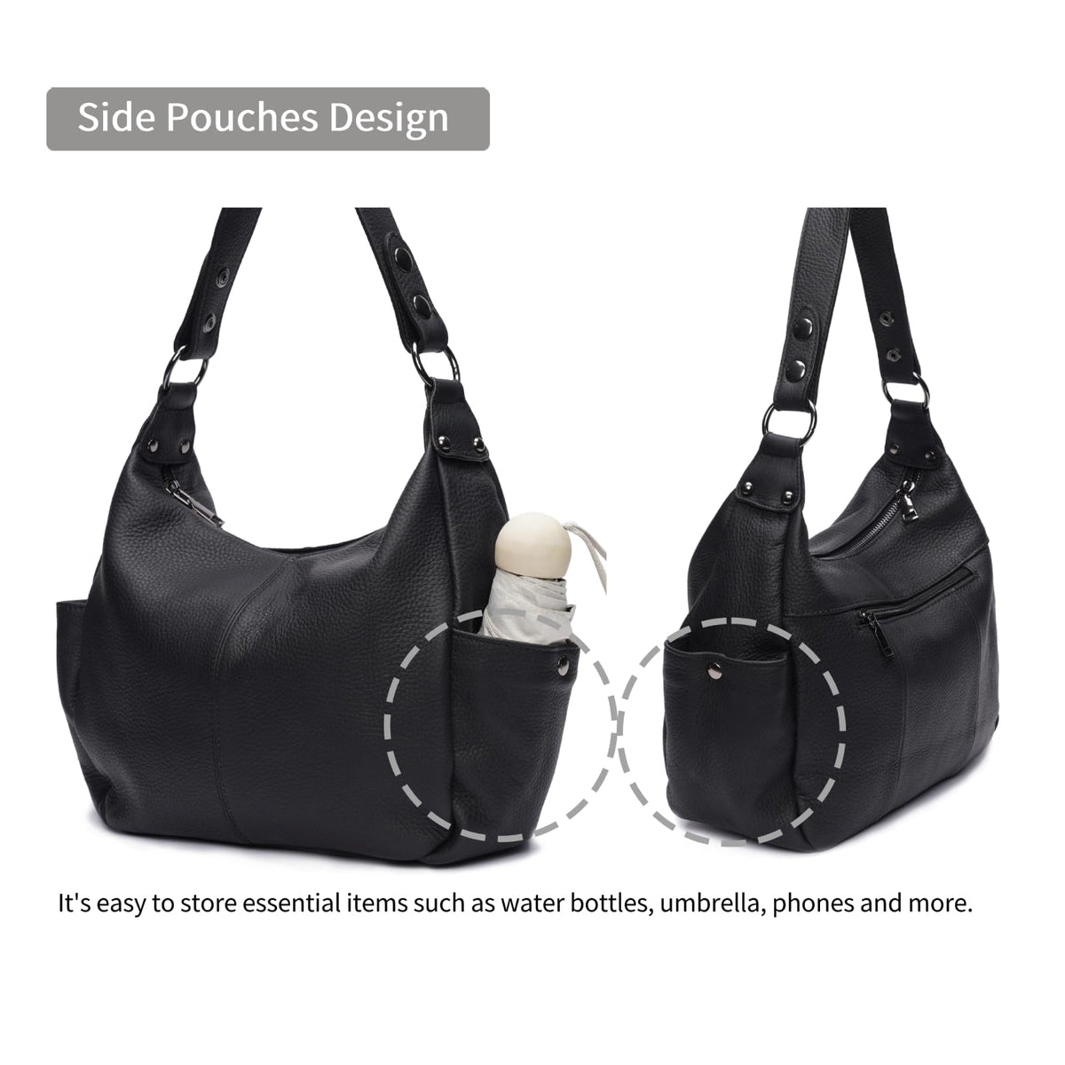Genuine Leather Purses for Women Black Hobo Bag Work & Casual Crossbody Handbag with Two Adjustable Straps