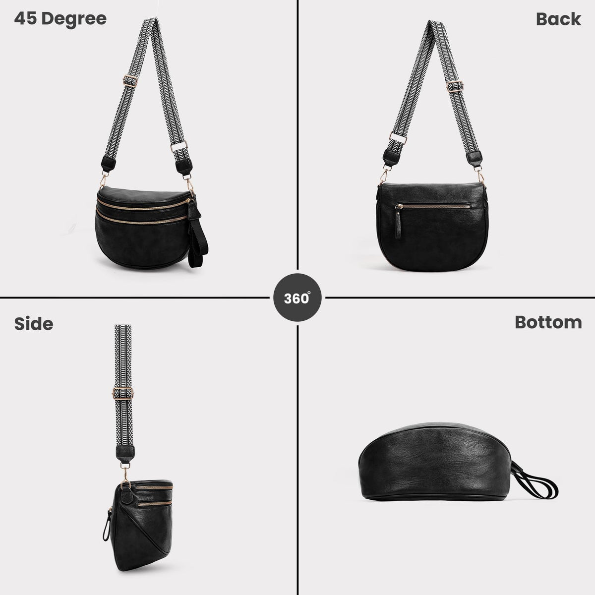 Leather Crossbody Fanny Pack Trendy Bum Bag Double Zip Multi Compartment with 2 Adjustable Straps Daily Belt Purse for Women