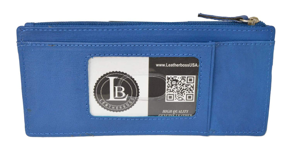 Leatherboss Genuine Leather Women's All in One Credit Business Card Case Holder Slim Zipper Wallet With a Card Protection Strap, Royal Blue