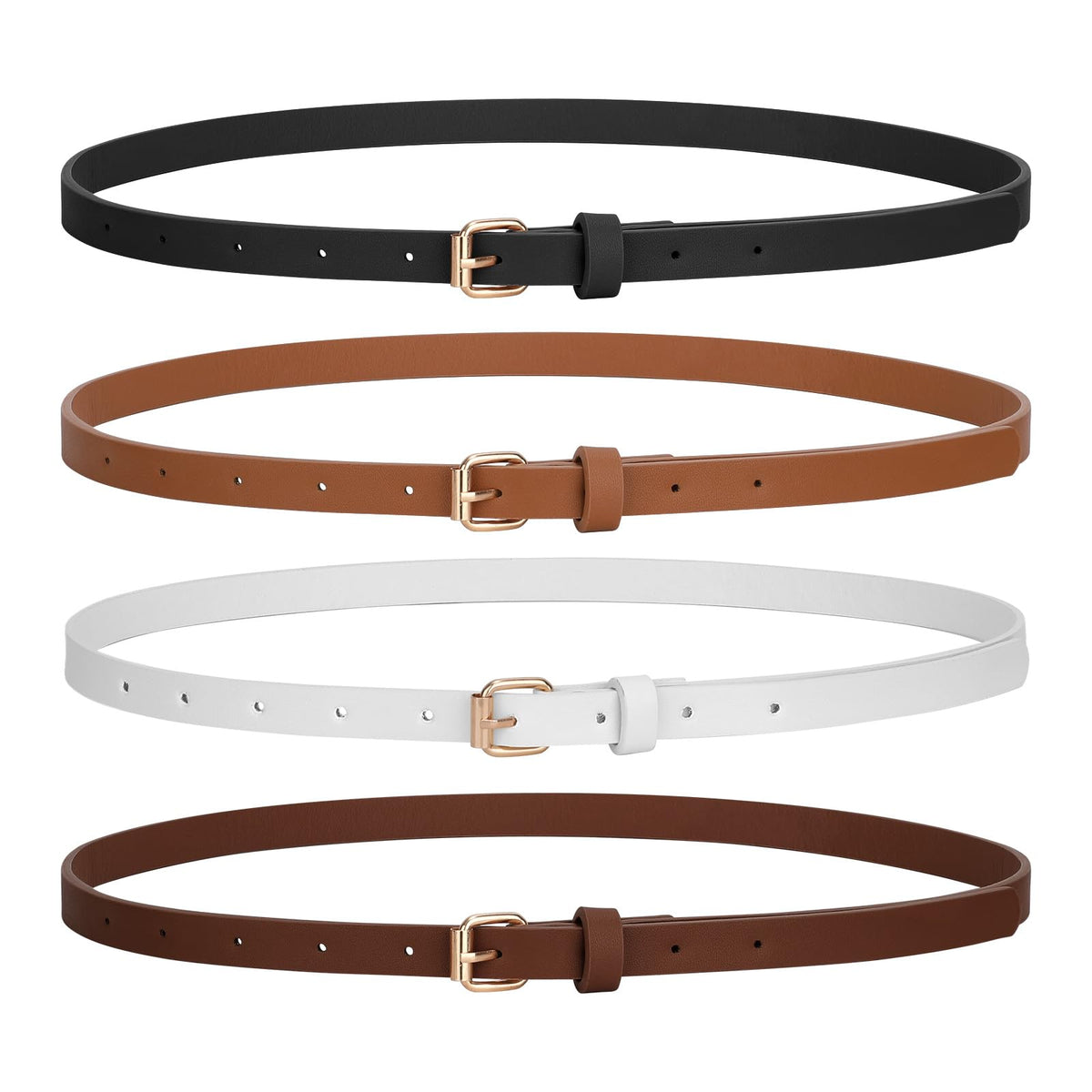 JASGOOD 4 Pack Skinny Women Leather Belt for Dresses Thin Waist Belt for Jeans Pants with Gold Buckle