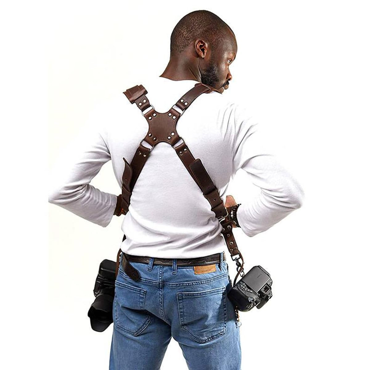 TROUVAILLE Camera Shoulder Strap, Dual Shoulder Leather Harness, Adjustable Leather Rivet Double Harness Shoulder Strap Accessory for DSLR/SLR, Brown