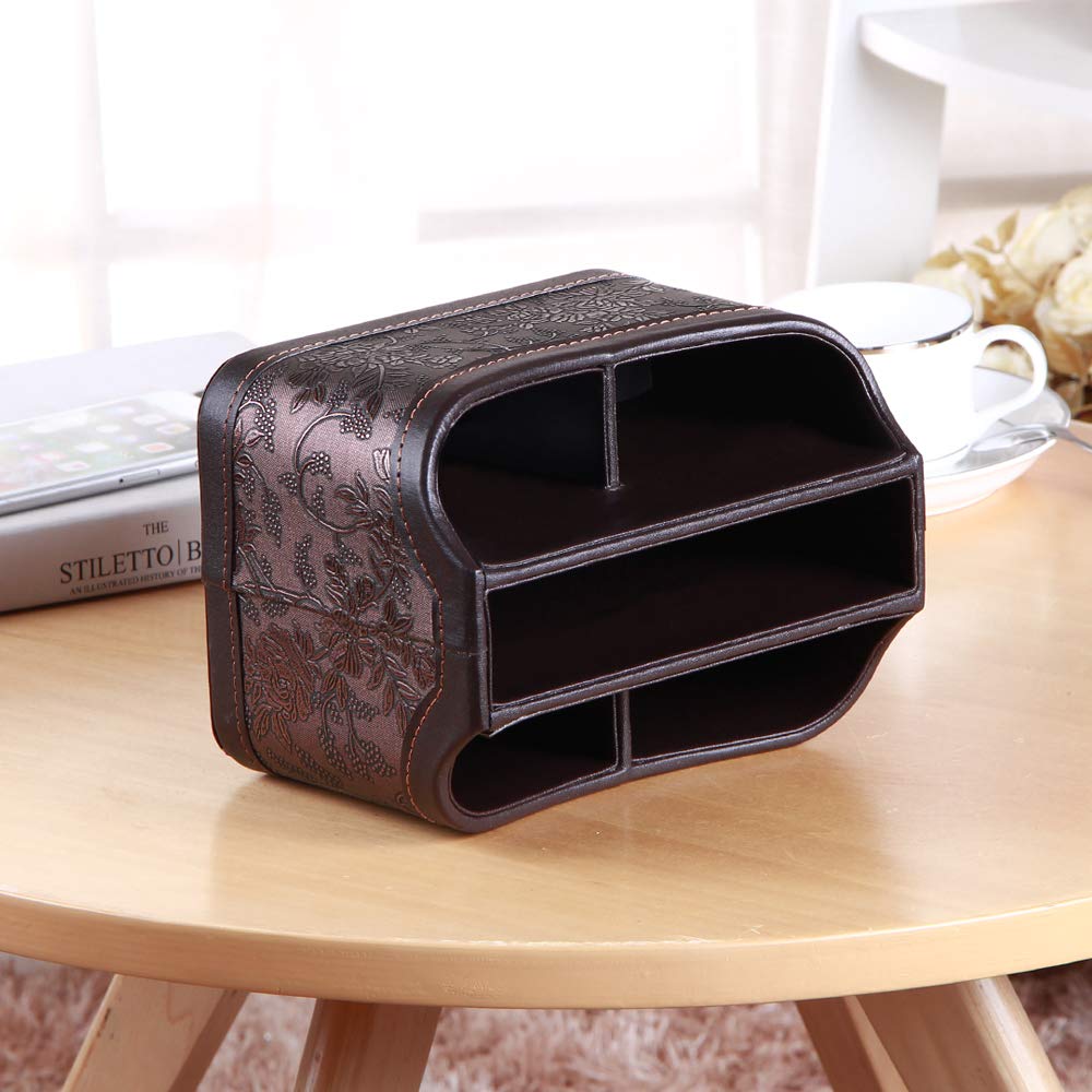 PUSU Leather 360°Rotatable Remote Control Holder,Nightstand TV Remote Caddy,Office Supplies Desktop Organizer,Spinning Storage Box for Pen,Mail,Phone,DVD, Blu-Ray, Media Player, Heater Controllers