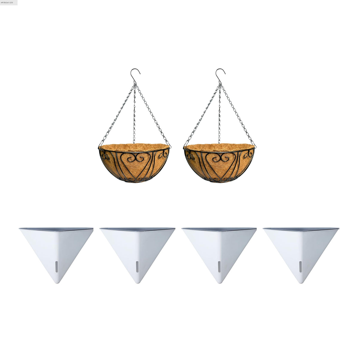 LaLaGreen Bundle- 4 Pack, 12 Inch White Geometric Self Watering Pot + 2 Pack,12 Inch Metal Wire Hanging Basket with Coco Liner Flower Plant Holder Hanger Balcony Patio Deck Modern Stylish Garden Decor