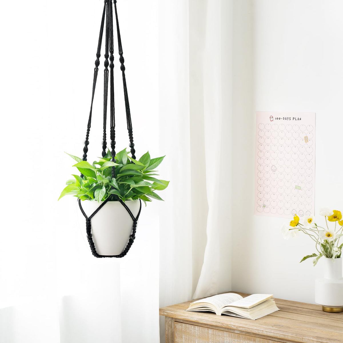 Mkono 43 Inch Macrame Plant Hanger Large for up to 12 Inch Pot Extra Long Hanging Plant Holder No Tassels Hanging Planter Basket with Wood Beads for Indoor Outdoor Boho Home Decor, Black