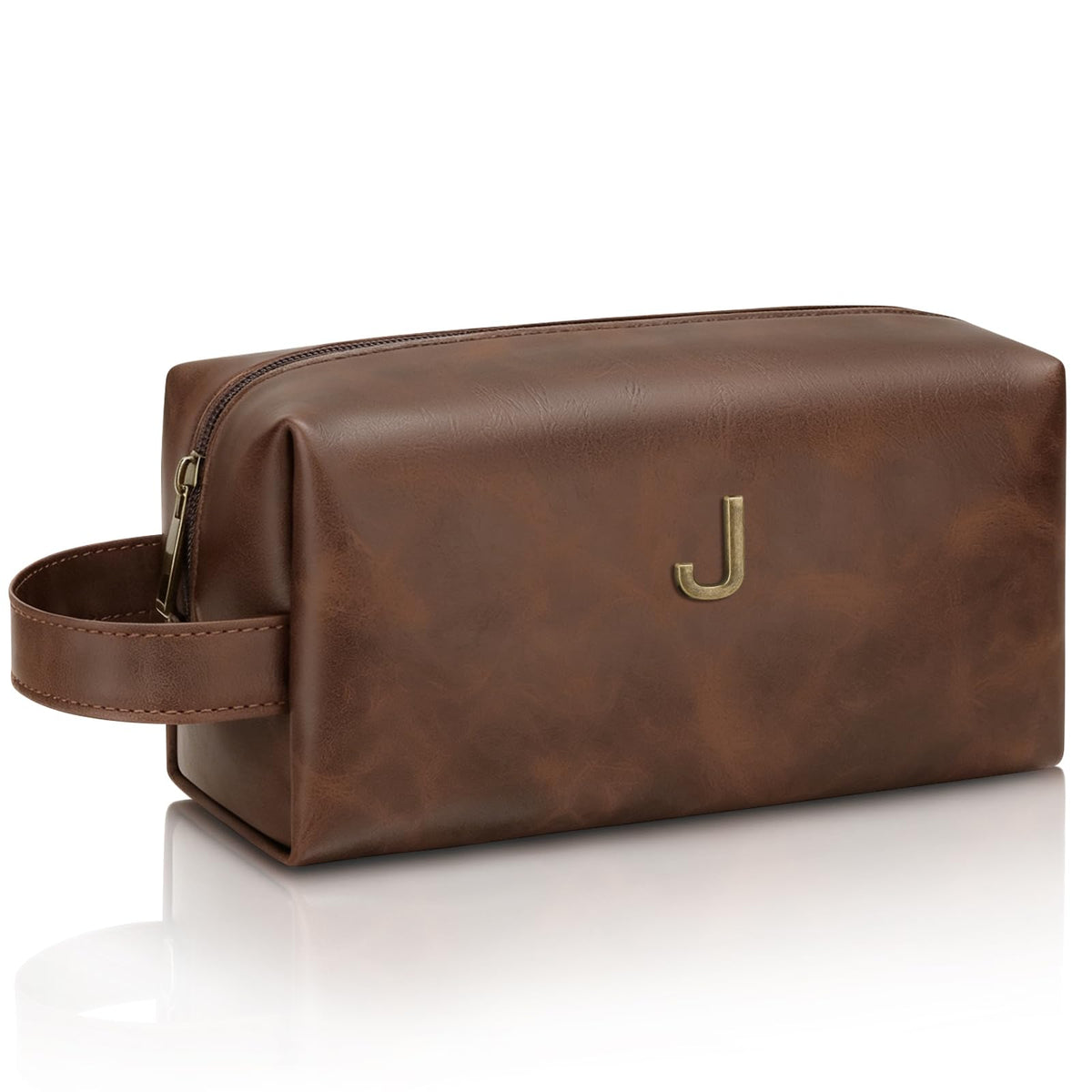 CLOUDWINGS Men’s Father's Day Personalized Gift Initial Travel Toiletry Bag for Him PU Leather Waterproof Shaving Bag for Travel Essentials Birthday Gift for Dad Husband Boyfriend (J)